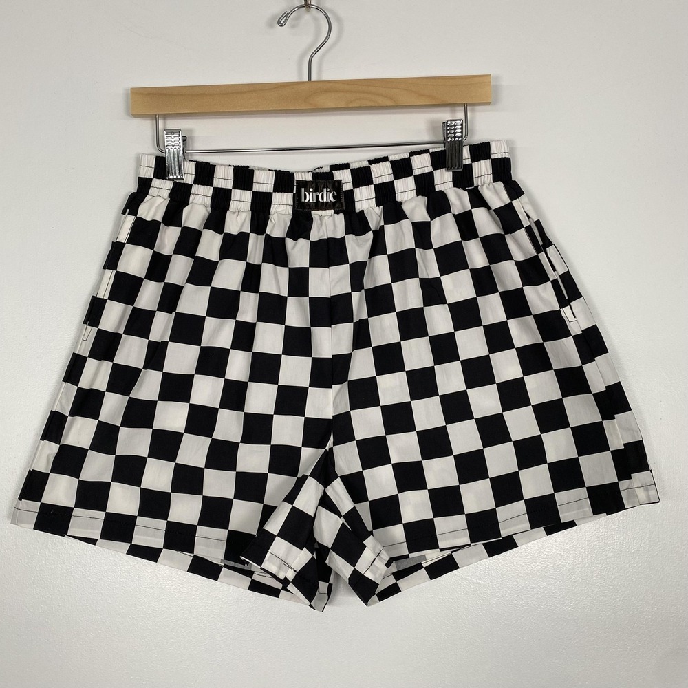 NWT Birdie Shorts Mens Large Black Checkered Elastic Waist Cotton Pockets Casual